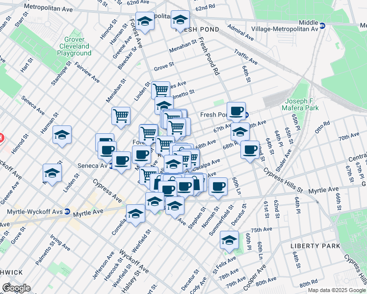 map of restaurants, bars, coffee shops, grocery stores, and more near in Queens