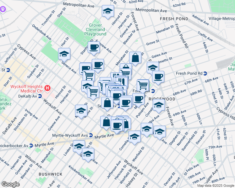 map of restaurants, bars, coffee shops, grocery stores, and more near 1827 Gates Avenue in Queens