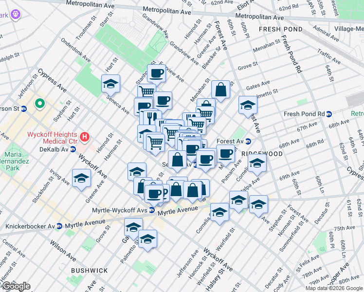 map of restaurants, bars, coffee shops, grocery stores, and more near 6-05 Seneca Avenue in Queens