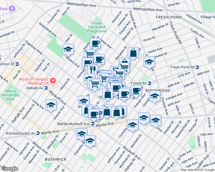 map of restaurants, bars, coffee shops, grocery stores, and more near 6-05 Seneca Avenue in Queens