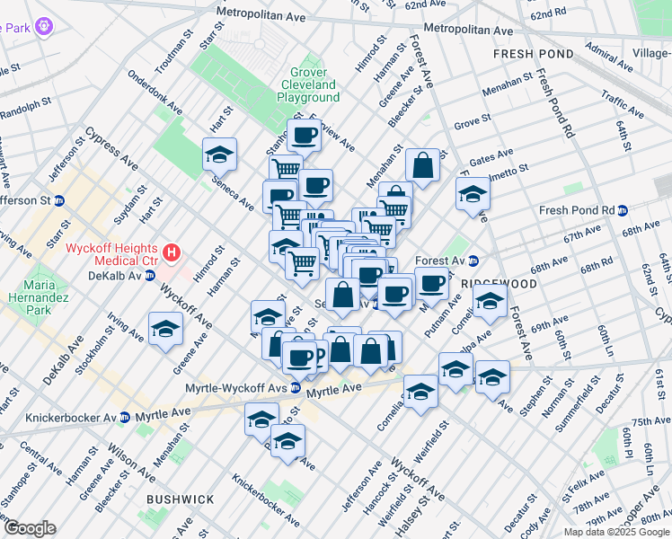 map of restaurants, bars, coffee shops, grocery stores, and more near 6-05 Seneca Avenue in Queens