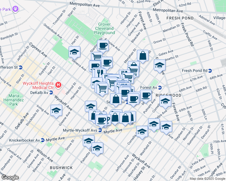 map of restaurants, bars, coffee shops, grocery stores, and more near 6-05 Seneca Avenue in Queens