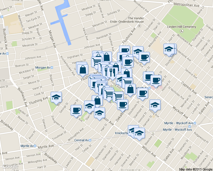 map of restaurants, bars, coffee shops, grocery stores, and more near 163 Starr Street in Brooklyn