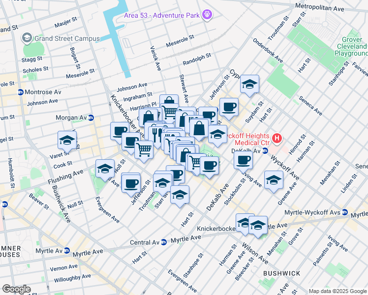 map of restaurants, bars, coffee shops, grocery stores, and more near 272 1/2 Jefferson Street in Brooklyn