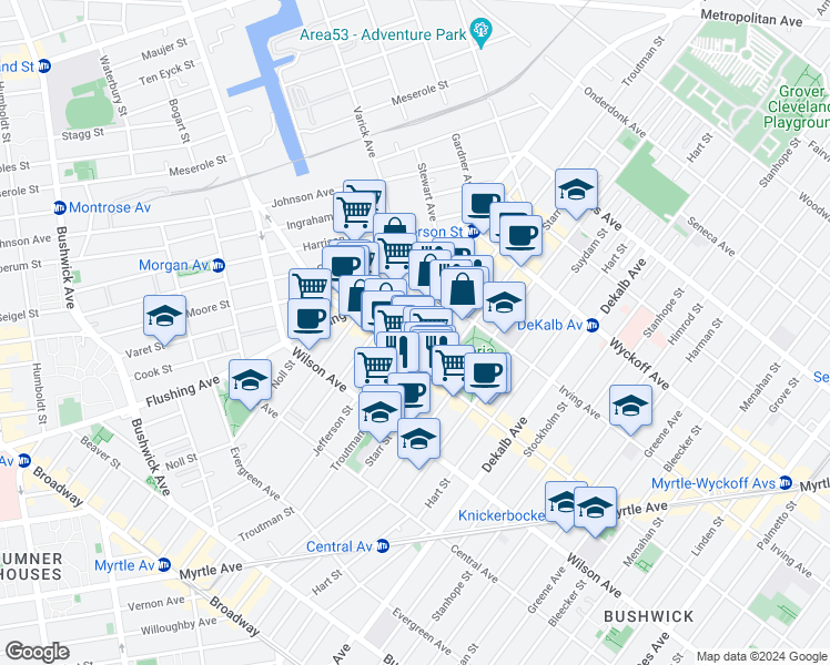 map of restaurants, bars, coffee shops, grocery stores, and more near 272 1/2 Jefferson Street in Brooklyn