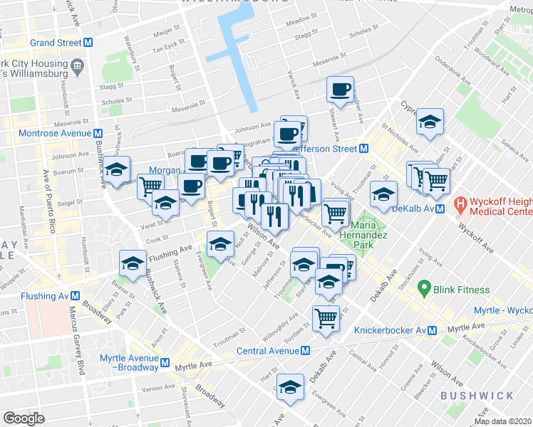 map of restaurants, bars, coffee shops, grocery stores, and more near 139 George Street in Brooklyn