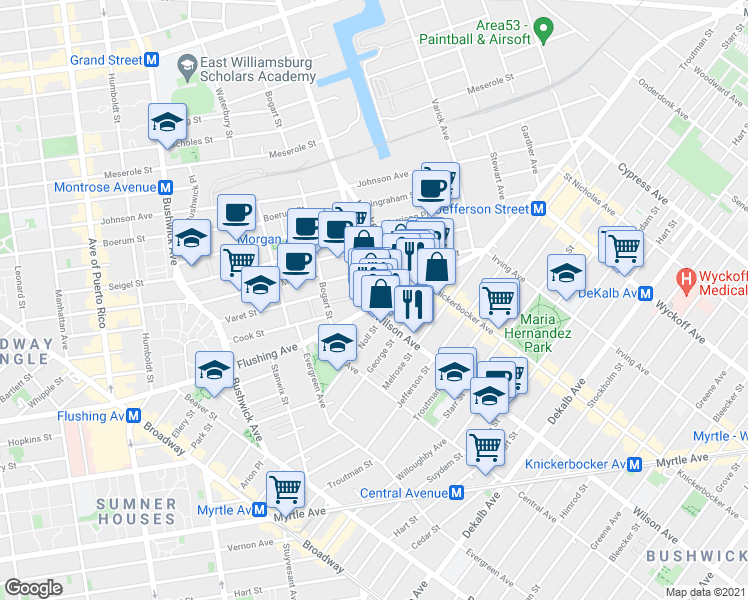map of restaurants, bars, coffee shops, grocery stores, and more near 998 Flushing Avenue in Brooklyn