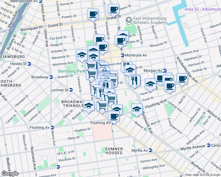 map of restaurants, bars, coffee shops, grocery stores, and more near in Brooklyn