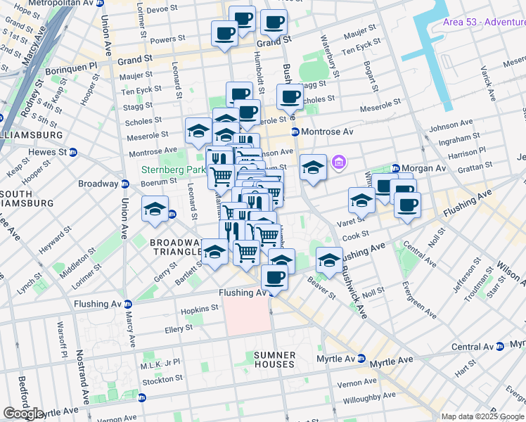 map of restaurants, bars, coffee shops, grocery stores, and more near 69 Moore Street in Brooklyn