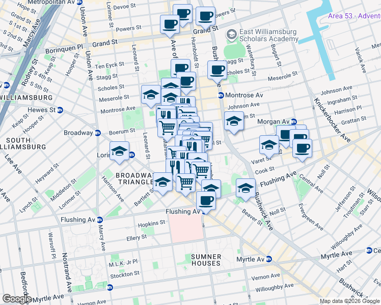 map of restaurants, bars, coffee shops, grocery stores, and more near 69 Moore Street in Brooklyn