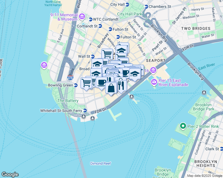map of restaurants, bars, coffee shops, grocery stores, and more near 10 Hanover Square in New York