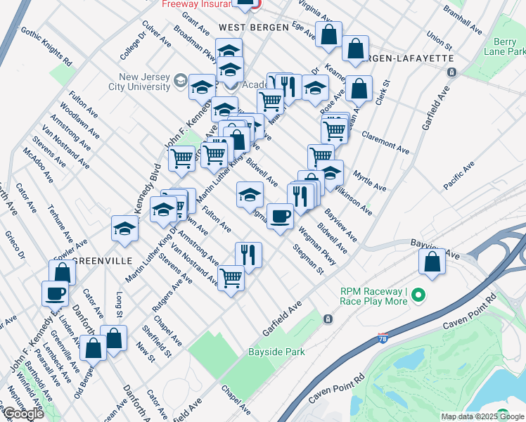 map of restaurants, bars, coffee shops, grocery stores, and more near 86 Van Cleef Street in Jersey City