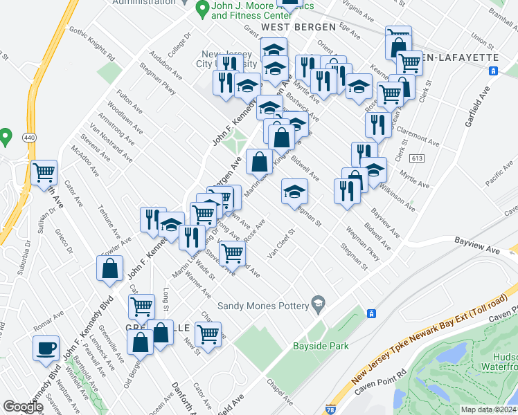map of restaurants, bars, coffee shops, grocery stores, and more near 175 Dwight Street in Jersey City