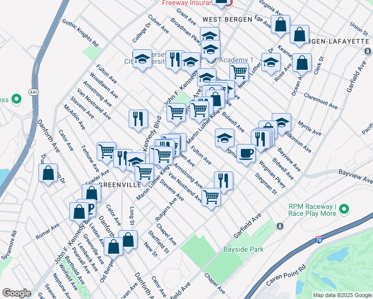 map of restaurants, bars, coffee shops, grocery stores, and more near 181 Fulton Avenue in Jersey City