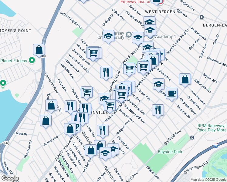 map of restaurants, bars, coffee shops, grocery stores, and more near 12 Bergen Avenue in Jersey City