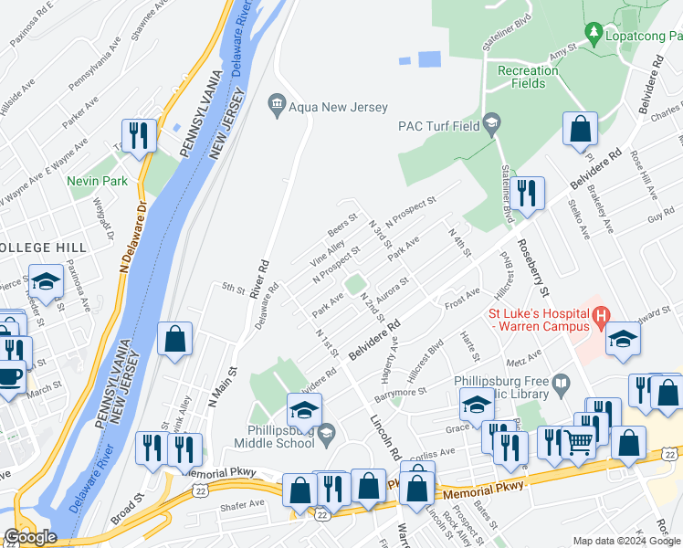 map of restaurants, bars, coffee shops, grocery stores, and more near 1 Park Square in Phillipsburg