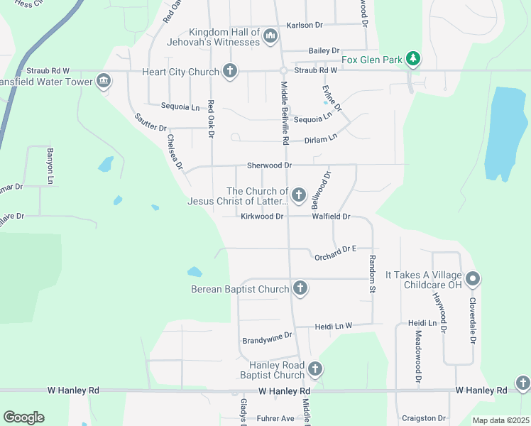 map of restaurants, bars, coffee shops, grocery stores, and more near 580 Kirkwood Drive in Mansfield