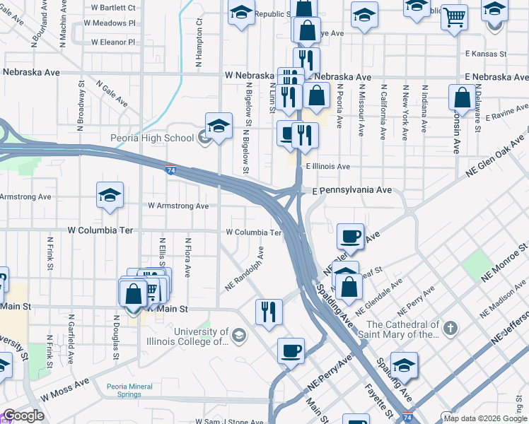 map of restaurants, bars, coffee shops, grocery stores, and more near 212 West Armstrong Avenue in Peoria