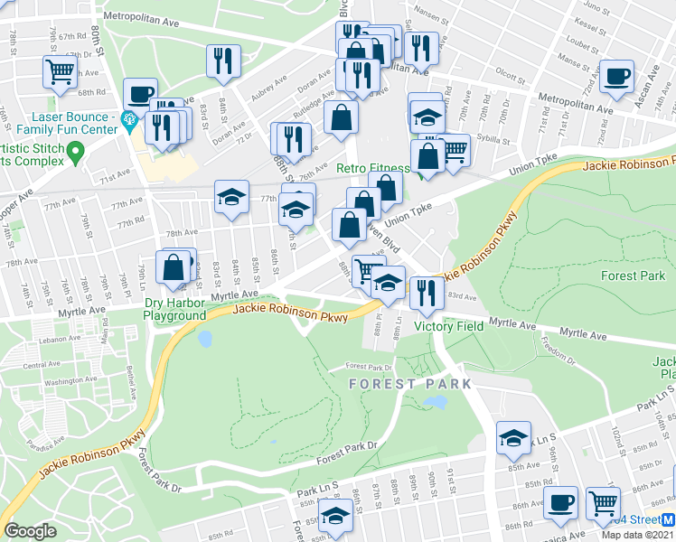 map of restaurants, bars, coffee shops, grocery stores, and more near 87-47 81st Avenue in Queens