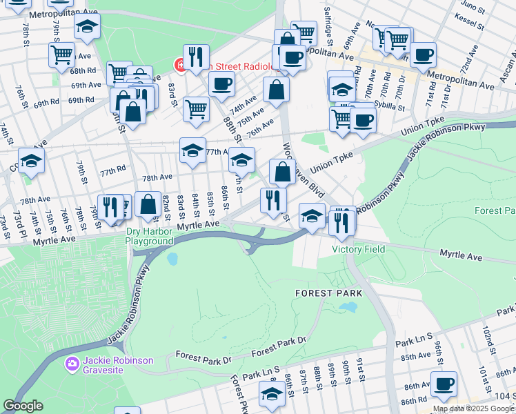 map of restaurants, bars, coffee shops, grocery stores, and more near 87-6 Union Turnpike in Queens