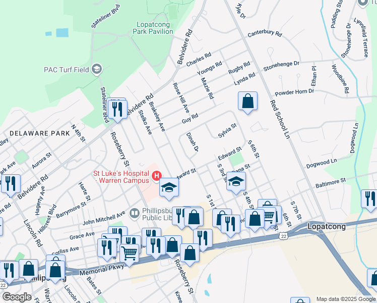 map of restaurants, bars, coffee shops, grocery stores, and more near 540 Edward Street in Phillipsburg