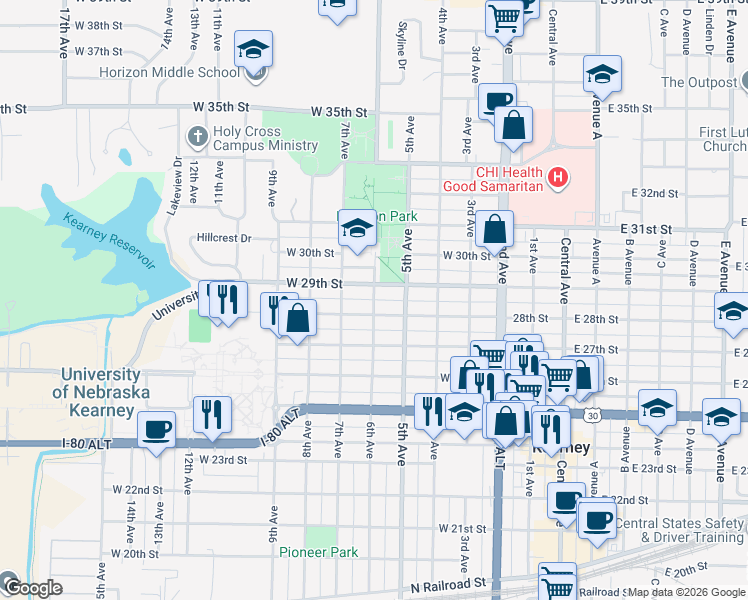 map of restaurants, bars, coffee shops, grocery stores, and more near 2798 6th Avenue in Kearney