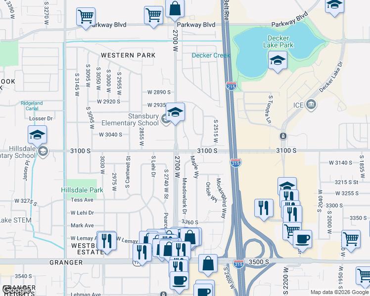 map of restaurants, bars, coffee shops, grocery stores, and more near 2664 West 3100 South in Salt Lake City