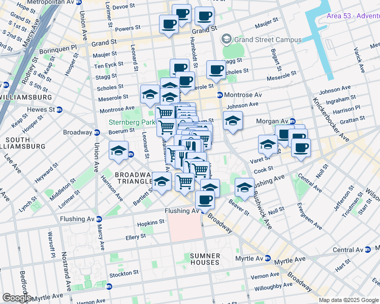 map of restaurants, bars, coffee shops, grocery stores, and more near 69 Moore Street in Brooklyn