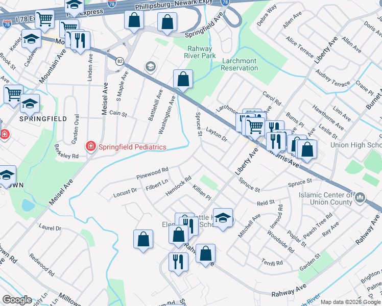 map of restaurants, bars, coffee shops, grocery stores, and more near 850 Pinewood Road in Union