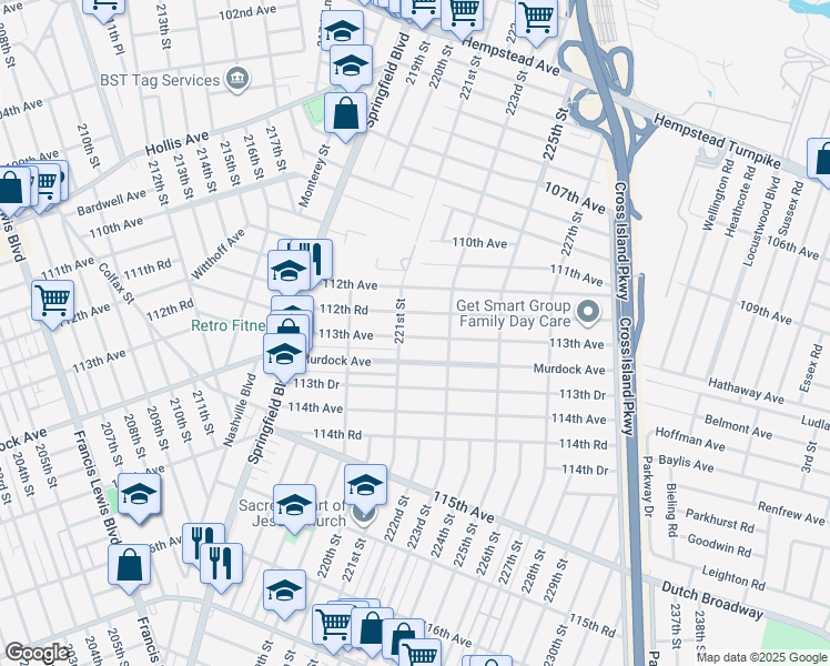 map of restaurants, bars, coffee shops, grocery stores, and more near 221-6 113th Avenue in Queens