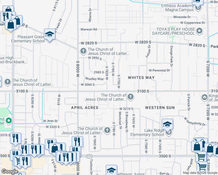 map of restaurants, bars, coffee shops, grocery stores, and more near 7784 3100 South in Magna