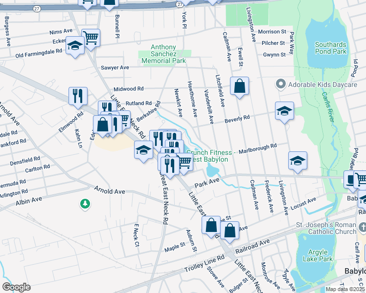 map of restaurants, bars, coffee shops, grocery stores, and more near 101-245 Millard Avenue in West Babylon