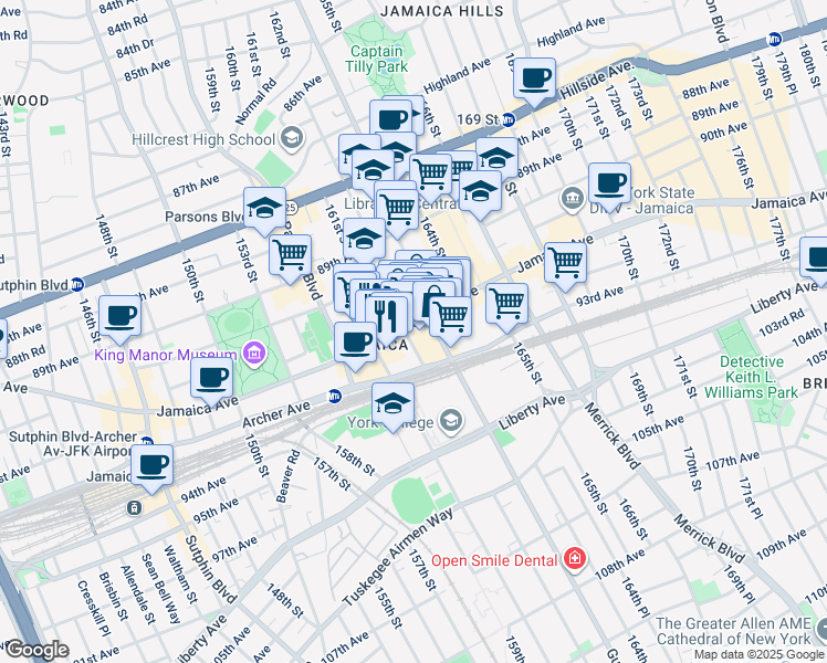 map of restaurants, bars, coffee shops, grocery stores, and more near 162-10 Jamaica Avenue in Queens