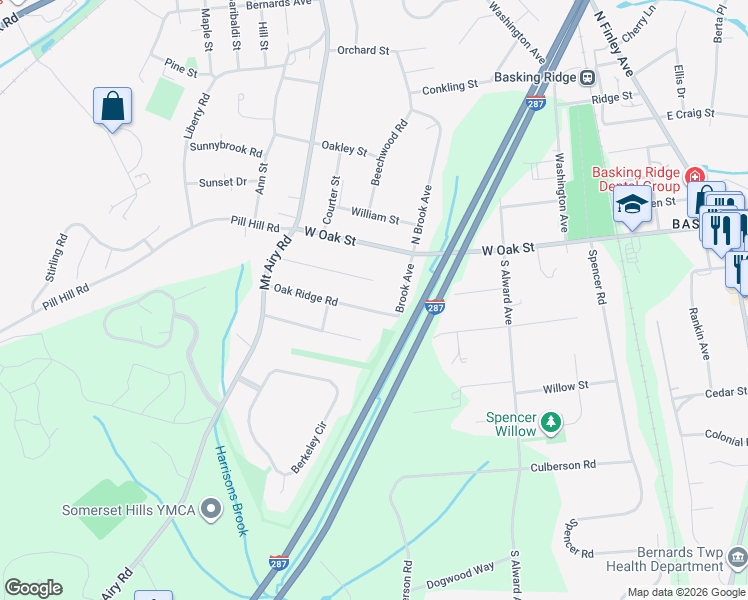 map of restaurants, bars, coffee shops, grocery stores, and more near 19 Oak Ridge Road in Basking Ridge