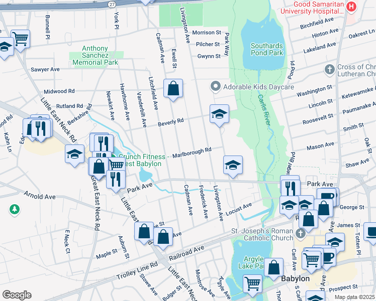 map of restaurants, bars, coffee shops, grocery stores, and more near 35 Marlborough Road in Babylon