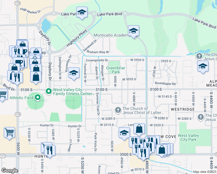 map of restaurants, bars, coffee shops, grocery stores, and more near 5051 Festival Drive West in West Valley City