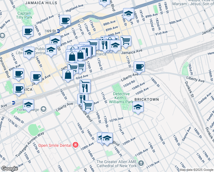 map of restaurants, bars, coffee shops, grocery stores, and more near 171-25 Liberty Avenue in Queens