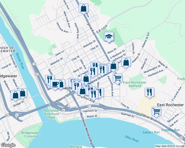 map of restaurants, bars, coffee shops, grocery stores, and more near 381 Jefferson Street in Rochester