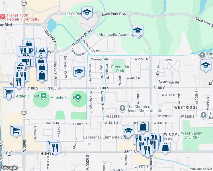 map of restaurants, bars, coffee shops, grocery stores, and more near 5089 Festival Drive West in West Valley City