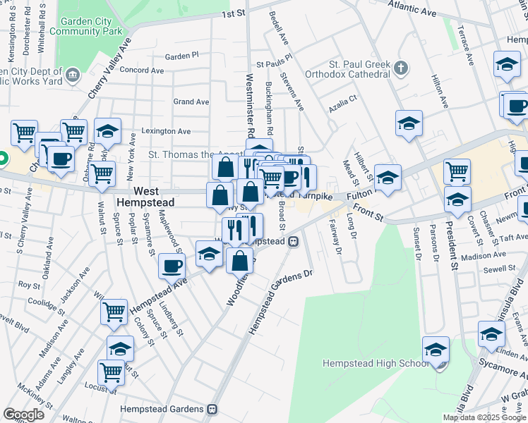 map of restaurants, bars, coffee shops, grocery stores, and more near 111 Hempstead Turnpike in West Hempstead