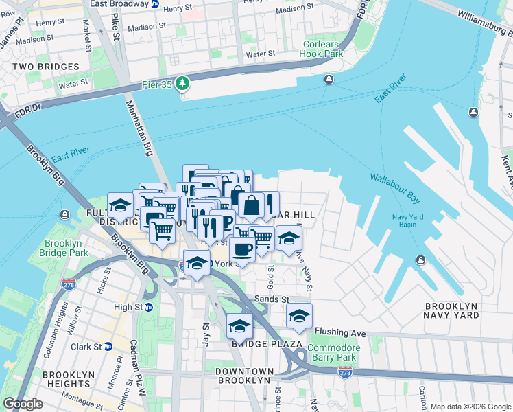 map of restaurants, bars, coffee shops, grocery stores, and more near 116 John Street in Brooklyn