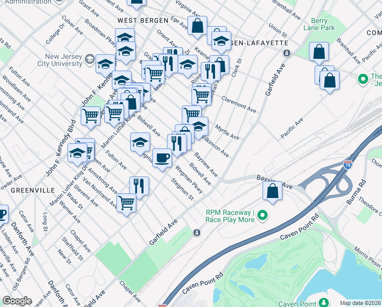 map of restaurants, bars, coffee shops, grocery stores, and more near 65 Bayview Avenue in Jersey City