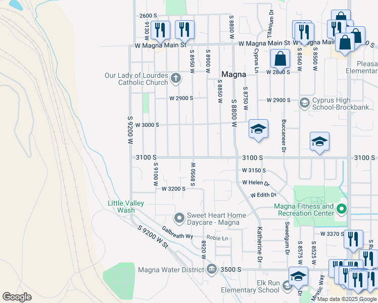 map of restaurants, bars, coffee shops, grocery stores, and more near 3080 South 8950 West in Magna