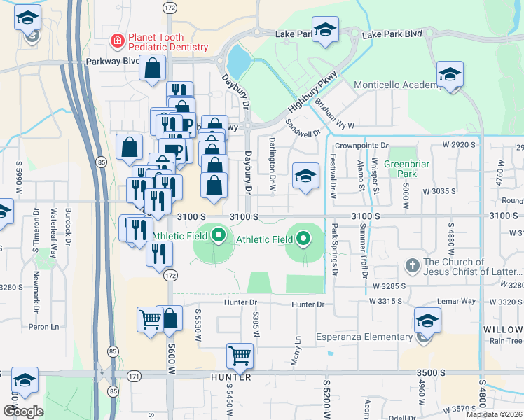 map of restaurants, bars, coffee shops, grocery stores, and more near 3083 Finsbury Lane in West Valley City