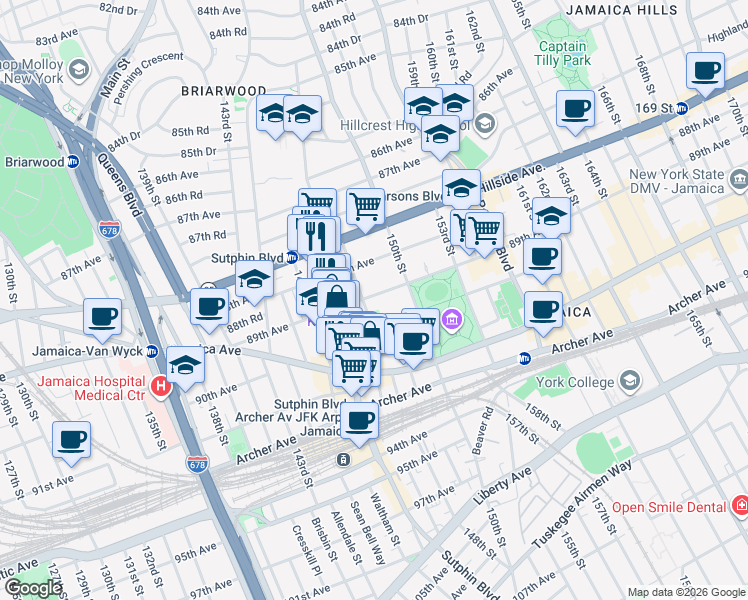 map of restaurants, bars, coffee shops, grocery stores, and more near 89-09 148th Street in Queens