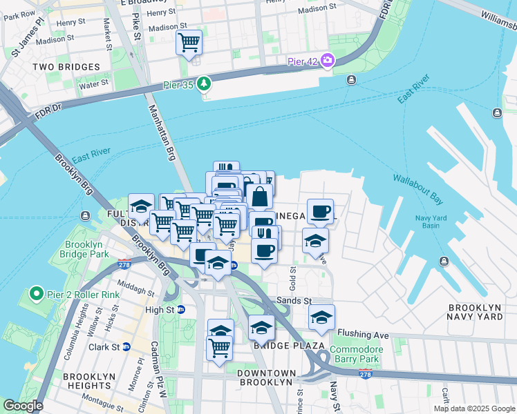map of restaurants, bars, coffee shops, grocery stores, and more near 23 Bridge Street in Brooklyn