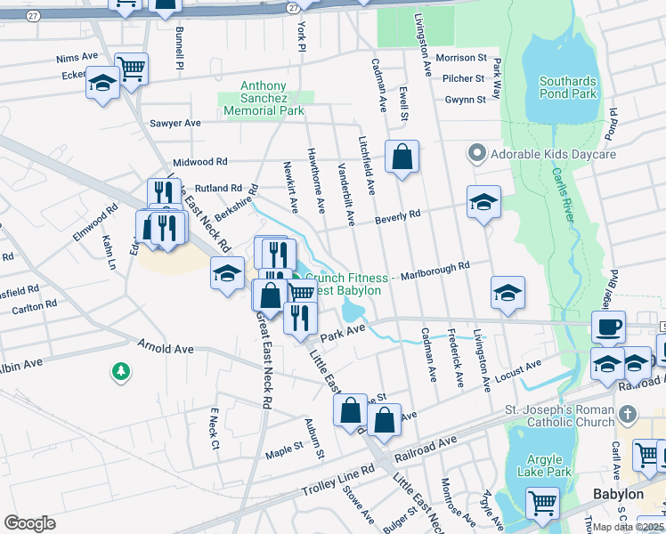 map of restaurants, bars, coffee shops, grocery stores, and more near 84 Woodrow Pkwy in West Babylon