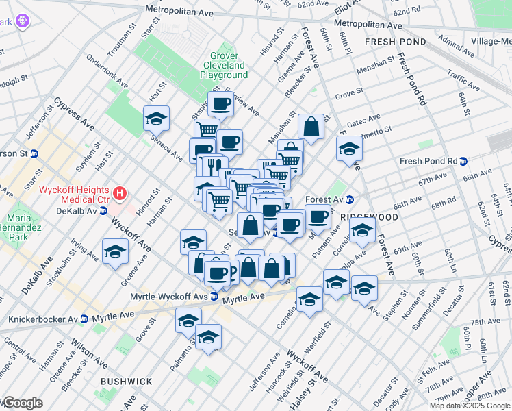 map of restaurants, bars, coffee shops, grocery stores, and more near 6-05 Seneca Avenue in Queens