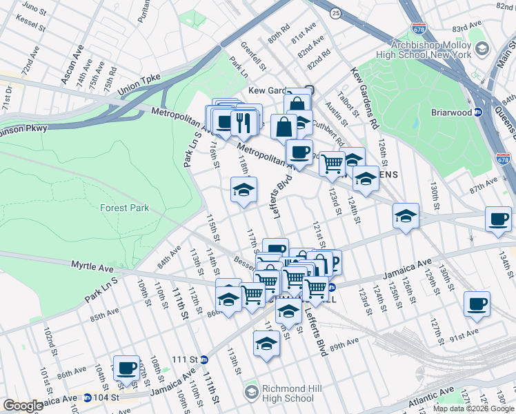 map of restaurants, bars, coffee shops, grocery stores, and more near 118-11 84th Avenue in Queens