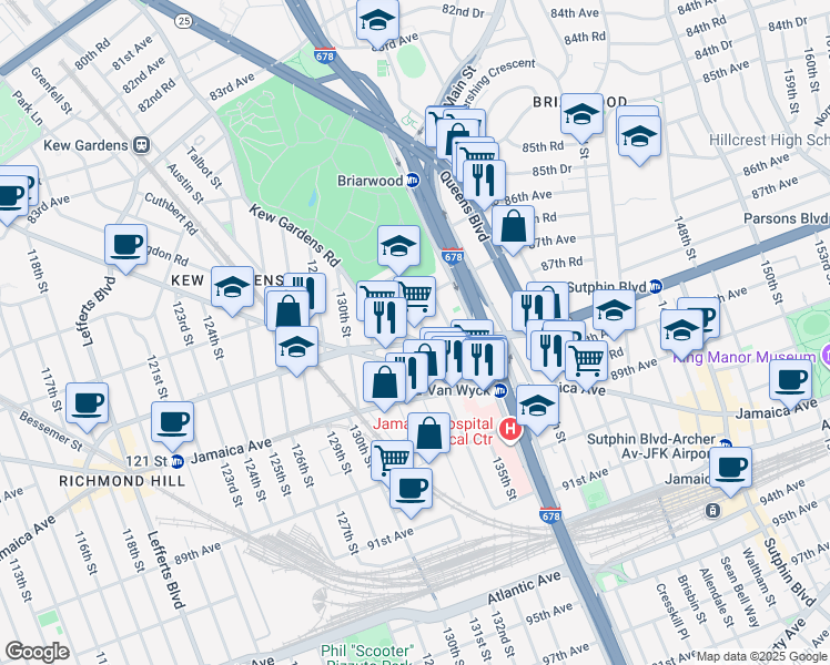 map of restaurants, bars, coffee shops, grocery stores, and more near 134-15 Hillside Avenue in Queens